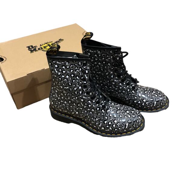 Dr. Martens Shoes - DR. MARTENS Boots Gray Leather Leopard Print Lace Up Boot Size 9